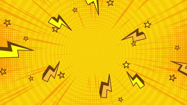 Yellow pop art comic background with lightning bolts and stars rotating