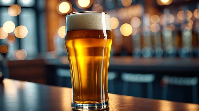 A beer glass rests on a counter. The glass is half full and topped with foam. The video conveys a casual and relaxed atmosphere.