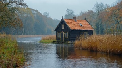 Obraz premium Waterside house on tranquil canal amidst autumn foliage under overcast sky