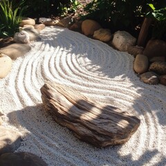 Tranquil zen garden featuring white gravel patterns and a weathered log in a serene, lush green garden setting