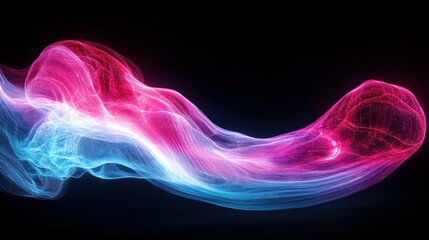 Obraz premium A translucent, wave-like figure in bright pink and electric blue, glowing softly against a deep black background