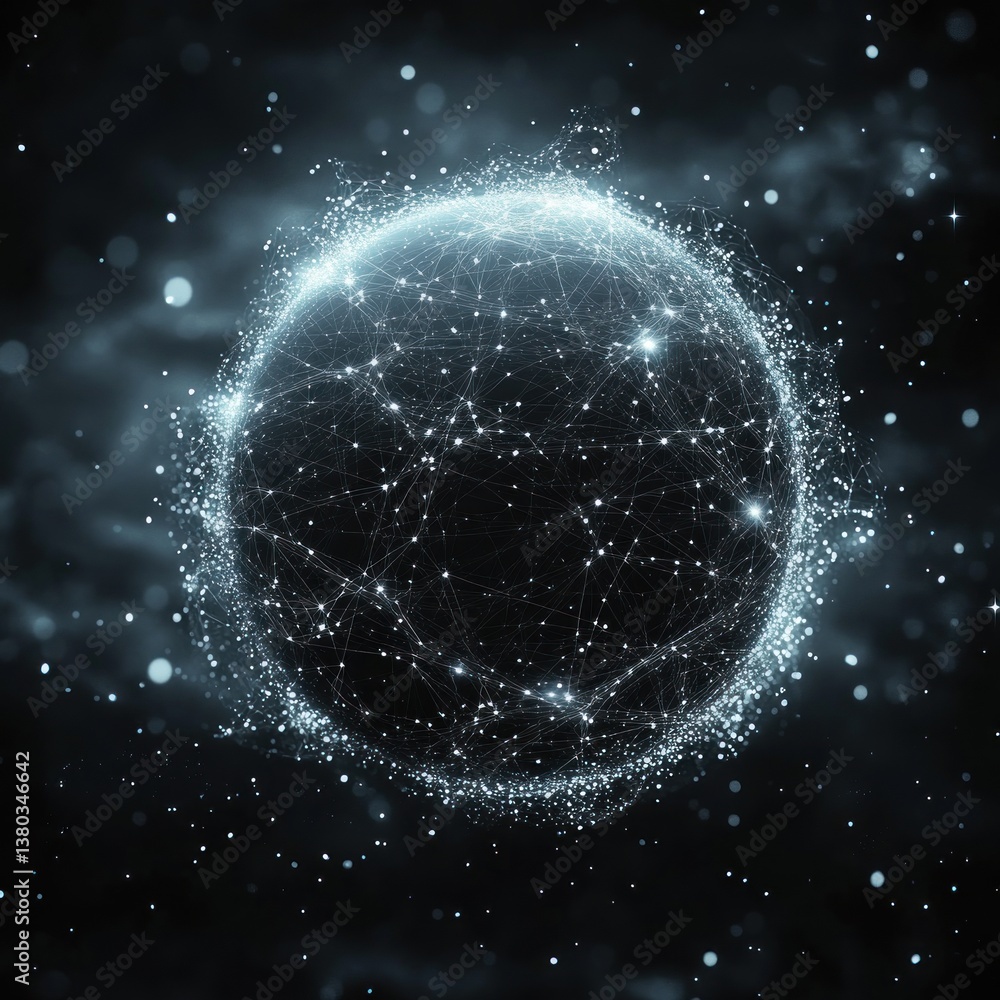 Poster abstract sphere wireframe illustration with interconnected lines and dots in black and white