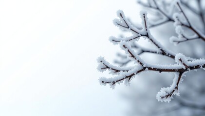 Obraz premium Icy frost covering branches, stark white backdrop, tree, frost, design