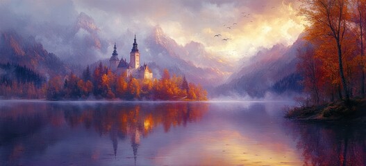Medieval Castle on Misty Hill by Calm Lake Surrounded by Colorful Forest Mountains