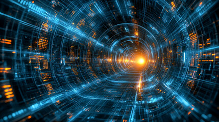 Obraz premium Futuristic data tunnel, glowing light, digital flow, abstract background, tech concept
