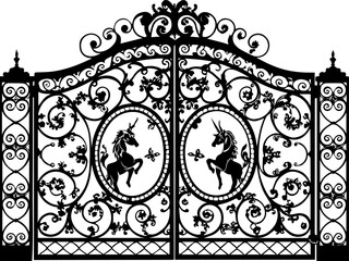 Fantasy mythological wrought iron gates in SVG and vector formats. Elegant Black Iron Gate Design with Unicorn Motifs and Flourishes