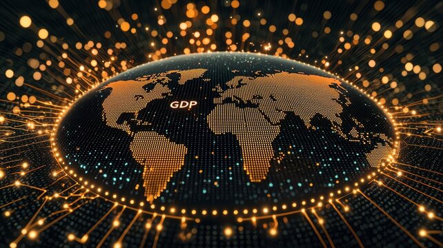 Economic growth GDP investment concept.  Global GDP Visualization with Light Effects and World Map Design