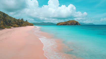 Obraz premium Dreamy tropical beach with pink sand, soft clouds, and bright turquoise waters