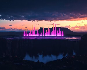 Fototapeta premium A vibrant digital artwork showing an equalizer graph with pink and violet lights, placed against a dramatic sky above jagged, rocky cliffs at sunset