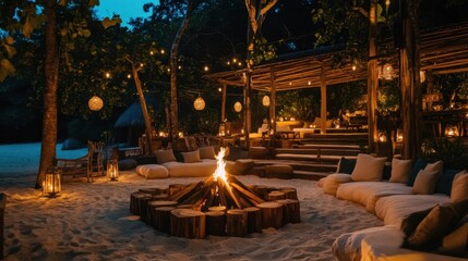A beach bonfire setup with logs and soft cushions on the sand, ready for a cozy evening.