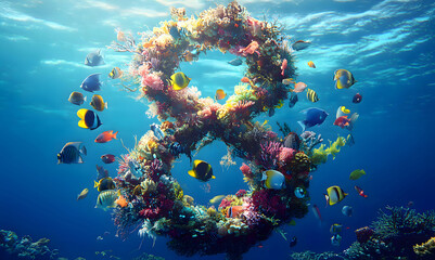 Underwater coral reef formation shaped like the number 8, surrounded by colorful fish, conceptual symbol, vibrant marine life