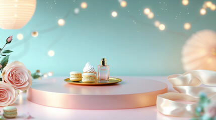 Dreamy Mid-Summer Night Café Mock-Up with Glossy Pink Podium, Fairy Lights, Iced Coffee, Macarons, Perfume Bottle, Silk Ribbons, and Fresh Roses, Perfect for Girly Lifestyle Ad

