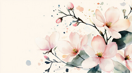 Dreamy Spring Flower Composition in Delicate Watercolor: Soft Pink Cherry Blossoms and Pastel Magnolias Against Warm Cream Background, Capturing the Essence of Spring

