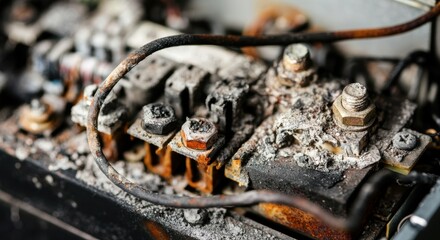 Corroded battery terminals and rusted connectors in close-up view