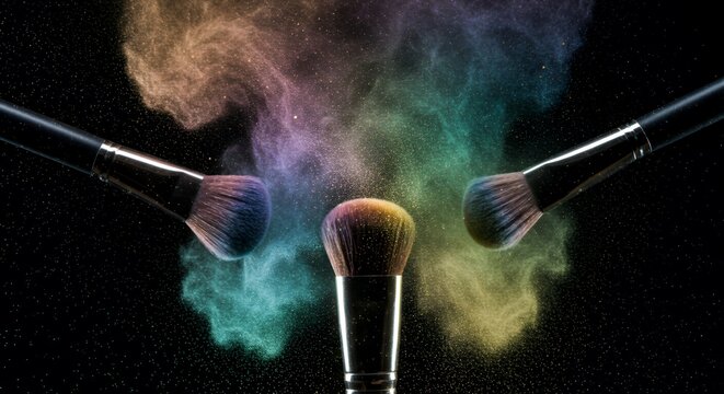 Iridescent Makeup Brush Powder Explosion: Blue Green Gold Violet Shimmer on Black