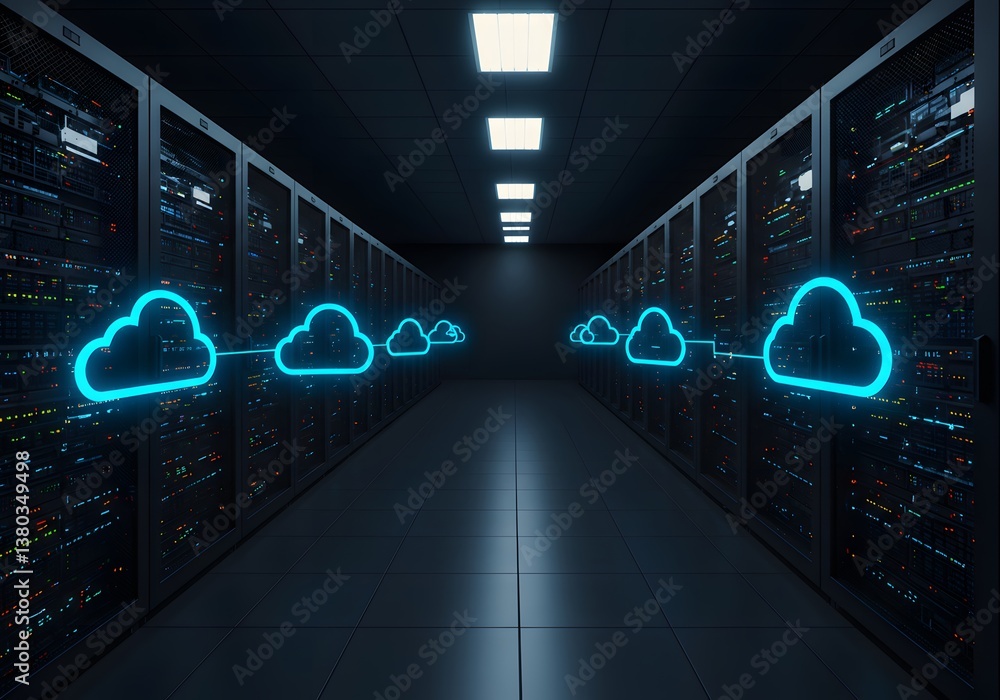 Poster modern data center with cloud computing and server racks technology infrastructure.