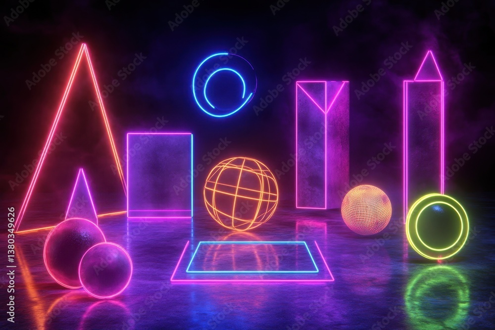 Poster neon geometric shapes create an abstract art display in vibrant colors and patterns