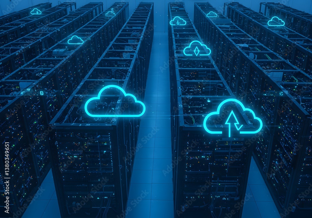 Poster modern data center with cloud computing icons server racks, storage, data transfer, digital technolo