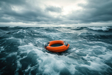 Dark stormy waters with an orange life ring in the ocean