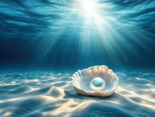 Underwater pearl resting in an open shell on sandy ocean floor
