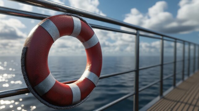 A close-up of a lifebuoy attached to the railing of a cruise ship, overlooking the endless ocean.