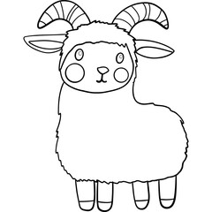Farm theme, Cute cartoon goat illustration with big eyes and curly horns, perfect for coloring activities. Outline for coloring .