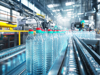 Fototapeta premium Bottles move along conveyor belt in a modern manufacturing facility