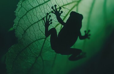 Silhouette of a tree frog on a leaf, against a dark green background, captured through macro photography, resulting in a striking silhouette image.