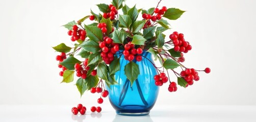 Fototapeta premium Elegant blue mercury glass vase filled with winter holly and berries, still life, mercury glass, winter