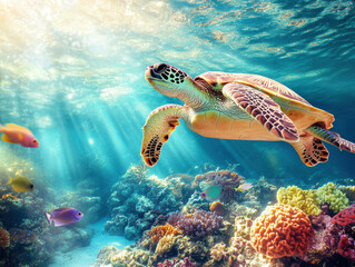 Obraz premium Sea turtle gliding through a vibrant coral reef in clear water