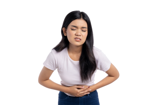 Young Asian woman suffering from stomachache, holding belly in pain with eyes closed, expressing discomfort and illness, isolated on transparent background