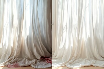 Comparing Clean and Bloodstained Curtains Displaying Cleaning Product Effectiveness Concept