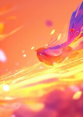 Vibrant abstract representation of a colorful bird soaring through a sunset sky, surrounded by swirling leaves and luminous particles, evoking a sense of freedom and creativity