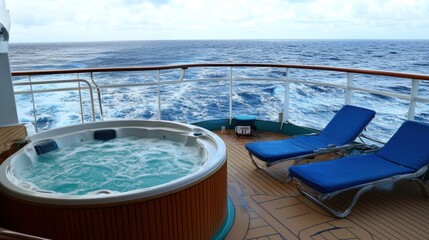 Obraz premium A cruise ship's upper deck with a hot tub, lounge chairs, and a panoramic view of the ocean.