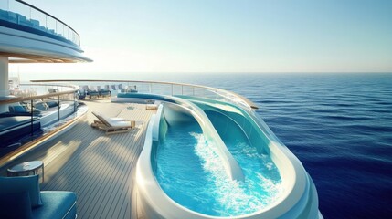 A cruise ships waterslide twisting above the deck, ready for a fun ride into the pool.