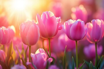 A field of pink tulips with the sun shining through them