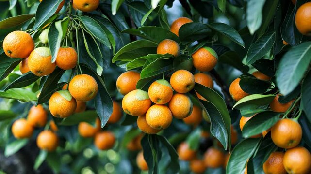 A bountiful kumquat yield on a tree. Juicy orange fruits dangle from branches surrounded by leaves. Close-up of the citrus tree's fruits. Stunning video of ripening fruits on a citrus tree.
