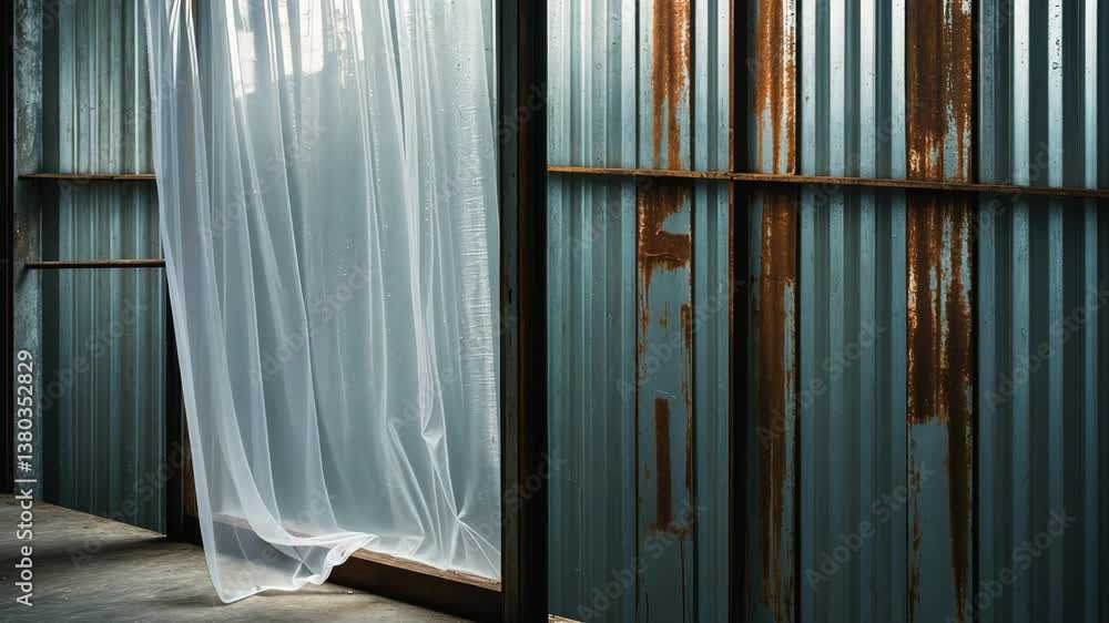 Aufkleber a window with a partially open curtain. the curtain consists of transparent plastic and is draped fr