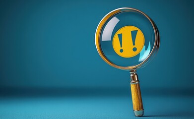 Caution Warning Magnifying Glass Symbol with Exclamation Mark on Blue Background for Maintenance Alert and Risk Notification