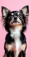 Fototapeta premium Cute chihuahua with expressive eyes poses against a pink background in a playful atmosphere
