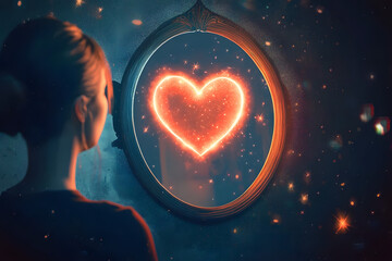 A digital illustration showing a person looking into a mirror where instead of their reflection, there a glowing heart surrounded by stars, symbolizing the journey of self acceptance and unconditional