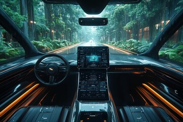 Autonomous Self Driving Car Interior with AI Technology Navigation Display and Modern Dashboard Features