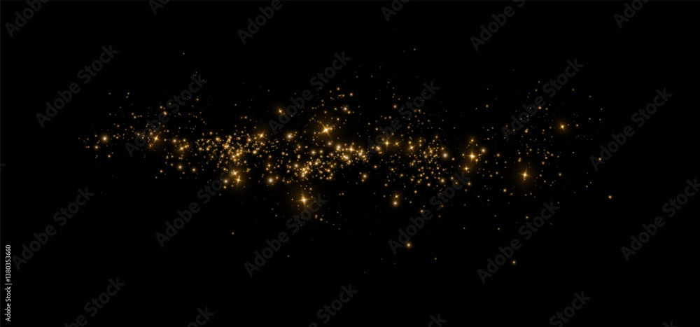 Poster shimmering particles. dust sparkles with golden light. light effect.