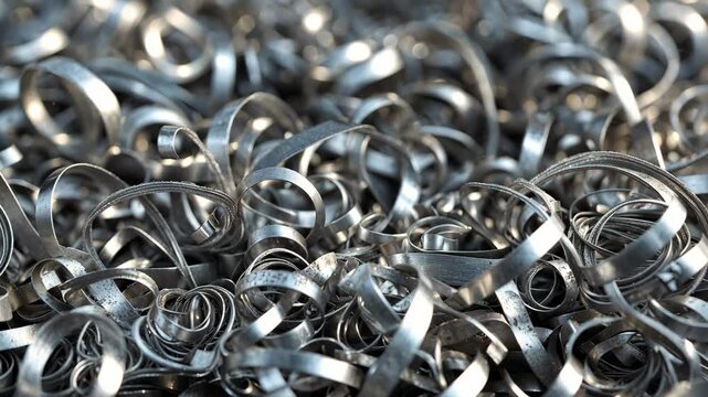 Close-up of numerous metal shavings following operation on a machine. Macro texture of metal shavings.