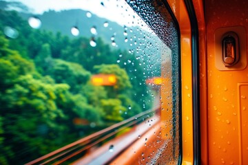 A view of a train window with raindrops on it