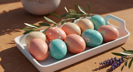 Huevos de Pascua con colores suaves y estilo mediterráneo primaveral