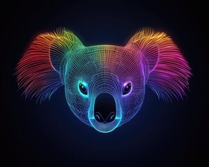 A vibrant digital illustration of a koala's face, depicted in a colorful wireframe style against a...