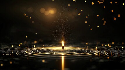 Golden spire rises above concentric rings with glittering particles