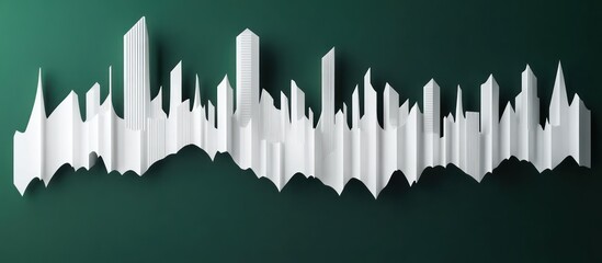 A white paper sound wave with abstract geometric structures resembling buildings, arranged on a dark green gradient background