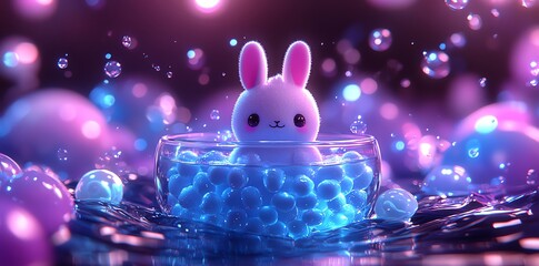 Adorable Bunny in a Blue Bubble Bath: A Dreamy Digital Artwork
